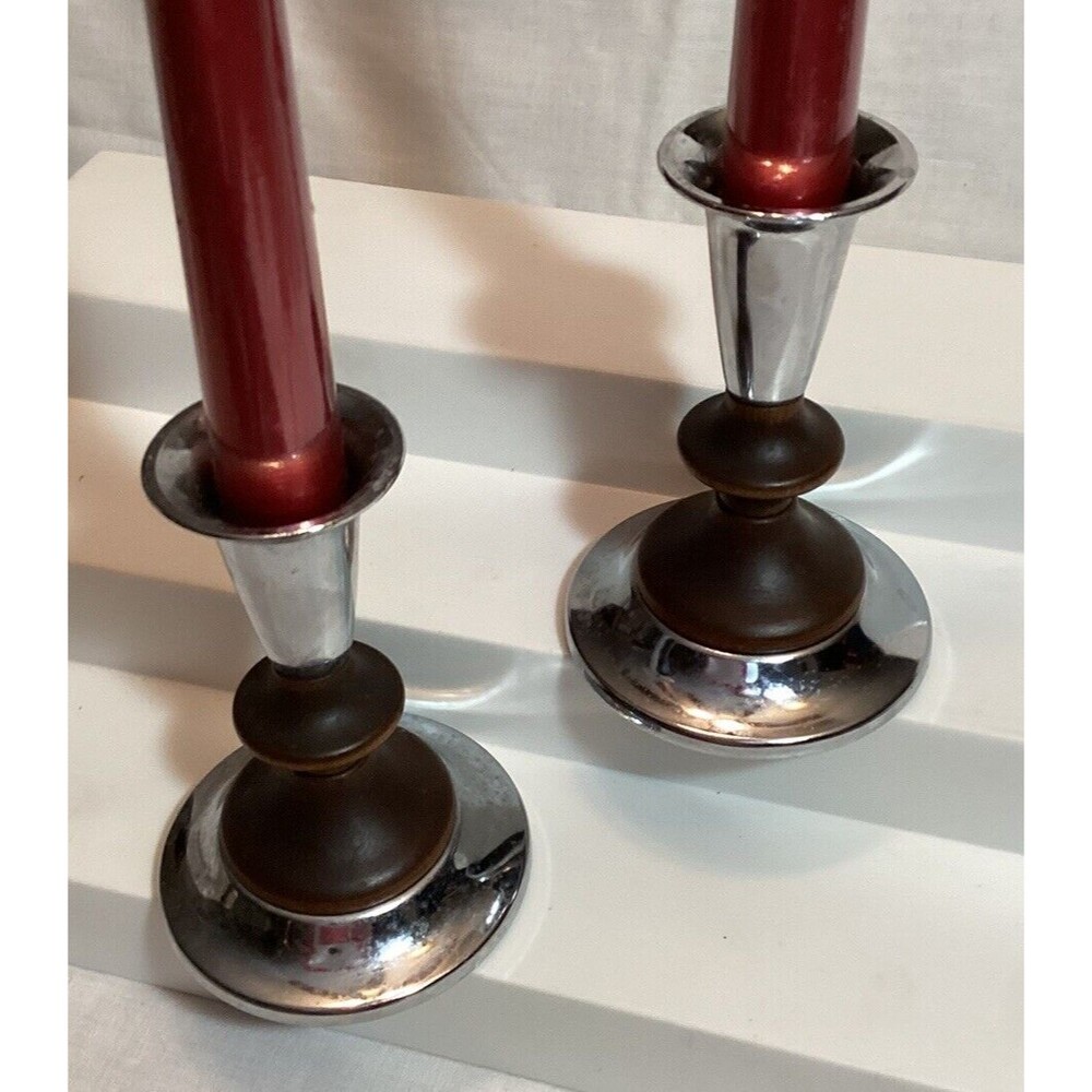 Kromex Teakwood & Metal Taper Candlestick Holders 4.5" MCM USA Vintage